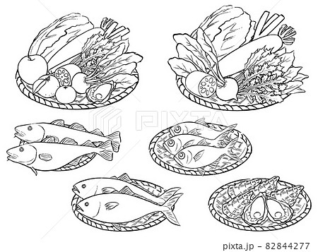 手描きの冬の食材（野菜、果物、魚介）セット 82844277