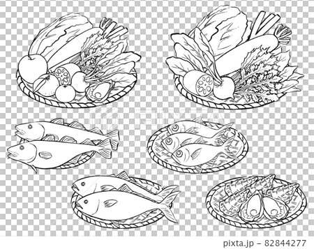 手描きの冬の食材（野菜、果物、魚介）セット 82844277