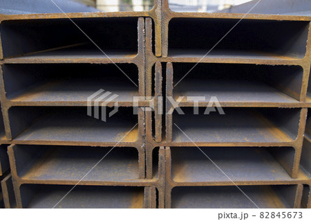 Metal profile beam in packs at the warehouse of metal products Metal profile beam in packs at the warehouse of metal products 82845673