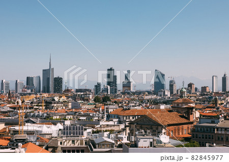 Panoramic view of Milan city with modern buildings from Milan Cathedral Panoramic view of Milan city with modern buildings from Milan Cathedral 82845977