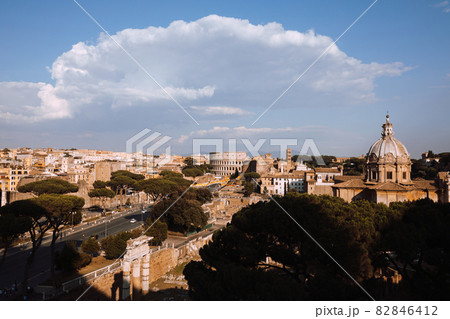 Panoramic view of city Rome with Roman forum and Colosseum from Vittoriano Panoramic view of city Rome with Roman forum and Colosseum from Vittoriano 82846412