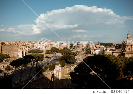 Panoramic view of city Rome with Roman forum and Colosseum from Vittoriano Panoramic view of city Rome with Roman forum and Colosseum from Vittoriano 82846414