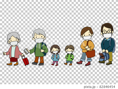 マスクをつけて外出する家族のイラストセット(アフターコロナのイメージ等に) マスクをつけて外出する家族のイラストセット(アフターコロナのイメージ等に) 82846454
