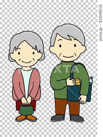 笑顔で外出するシニア夫婦のイラストセット（アフターコロナのイメージ等に） 82848018