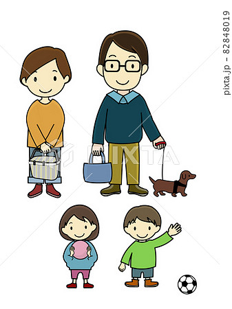 笑顔で外出する家族とペットのイラストセット(アフターコロナのイメージ等に) 笑顔で外出する家族とペットのイラストセット(アフターコロナのイメージ等に) 82848019