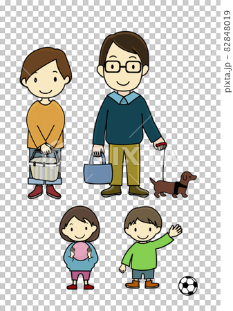 笑顔で外出する家族とペットのイラストセット(アフターコロナのイメージ等に) 笑顔で外出する家族とペットのイラストセット(アフターコロナのイメージ等に) 82848019
