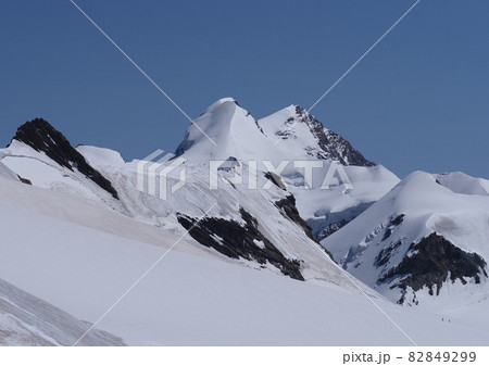 Panorama from Breithorn plateau with Lyskamm peaks in Switzerland 82849299