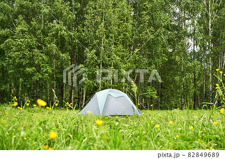 Tent camp in forest. Local travel concept. Sustainable lifestyle. Summer 82849689