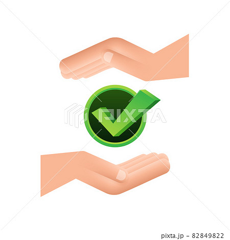 Check mark hanging over hands. Green approved star sticker on white background. Vector stock illustration. 82849822
