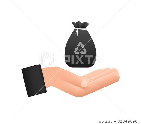 Garbage bag in hands icon. Trash bag. Vector stock illustration. Garbage bag in hands icon. Trash bag. Vector stock illustration. 82849890
