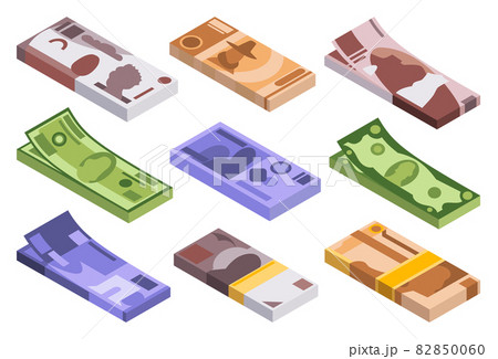 Collection of isometric stacks of money. Currency or cash icons. Bundle of banknotes. Stacks of cash symbol. Bills in packs isolated on white background 82850060