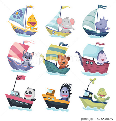 Collection of cute animals sailing on boat or ship steamer. Vector set funny baby cartoon sailors on sailboat with water waves isolated on white background 82850075