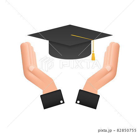 Graduation cap with tassel in hands, realistic mortar board. Vector stock illustration. Graduation cap with tassel in hands, realistic mortar board. Vector stock illustration. 82850755