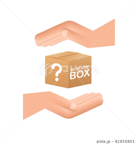 Mystery box with hands. Packaging for concept design. Surprise present. Package design. Help symbol. Question mark icon. Vector stock illustration. 82850803