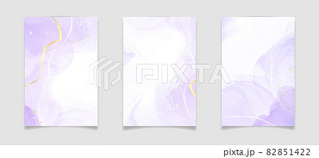 Purple lavender liquid watercolor background with golden lines. Pastel violet marble alcohol ink drawing effect. Vector illustration design template for wedding invitation, menu, rsvp Purple lavender liquid watercolor background with golden lines. Pastel violet marble alcohol ink drawing effect. Vector illustration design template for wedding invitation, menu, rsvp 82851422