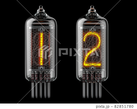 Nixie tube indicator. Number 1 one and 3 two on black background. Nixie tube indicator. Number 1 one and 3 two on black background. 82851780