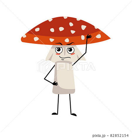 Cute amanita character with emotions of a hero, a brave face, arms and legs. Fly Agaric Mushroom from forest with courage expression 82852154