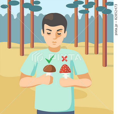 A young man in the forest holds a poisonous mushroom in one hand, an edible mushroom in the other.  82852473