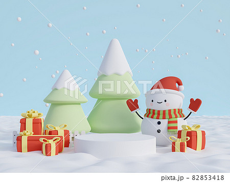 White cylinder podium on snow ground with christmas concept background 3d render 82853418