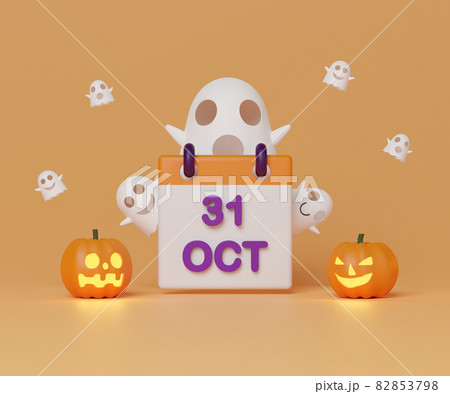 3d rendering Halloween day calendar with carved pumpkin and ghost. 3d rendering Halloween day calendar with carved pumpkin and ghost. 82853798