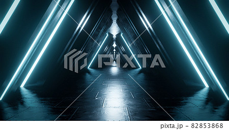 3d rendering metal corridor with light blue neon light background. 82853868