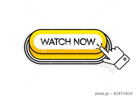 Yellow 3D button with the inscription Watch Now, isolated on a white background. Mouse cursor. Linear design. Vector illustration. 82855820