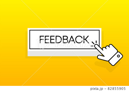 White 3D button with the inscription Feedback, isolated on a yellow background. Mouse cursor. Simple design. Vector illustration. 82855905
