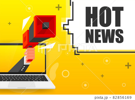 Hot News banner template. Marketing flyer with megaphone. Isometric and pixel style. Template for retail promotion and announcement. Vector illustration. Hot News banner template. Marketing flyer with megaphone. Isometric and pixel style. Template for retail promotion and announcement. Vector illustration. 82856169