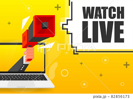 Watch Live banner template. Marketing flyer with megaphone. Isometric and pixel style. Template for retail promotion and announcement. Vector illustration. Watch Live banner template. Marketing flyer with megaphone. Isometric and pixel style. Template for retail promotion and announcement. Vector illustration. 82856173