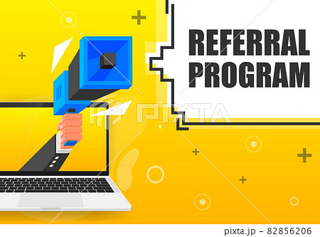 Referral Program banner template. Marketing flyer with megaphone. Isometric and pixel style. Template for retail promotion and announcement. Vector illustration. Referral Program banner template. Marketing flyer with megaphone. Isometric and pixel style. Template for retail promotion and announcement. Vector illustration. 82856206