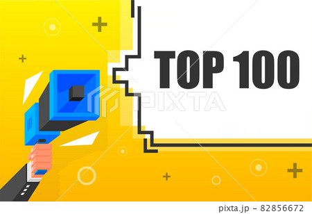TOP 100 banner template. Marketing flyer with megaphone. Isometric and pixel style. Template for retail promotion and announcement. Vector illustration. 82856672