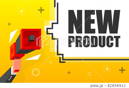 New Product banner template. Marketing flyer with megaphone. Isometric and pixel style. Template for retail promotion and announcement. Vector illustration. New Product banner template. Marketing flyer with megaphone. Isometric and pixel style. Template for retail promotion and announcement. Vector illustration. 82856912