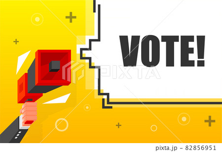 Vote banner template. Marketing flyer with megaphone. Isometric and pixel style. Template for retail promotion and announcement. Vector illustration. 82856951