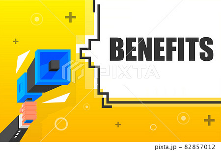 Benefits banner template. Marketing flyer with megaphone. Isometric and pixel style. Template for retail promotion and announcement. Vector illustration. 82857012