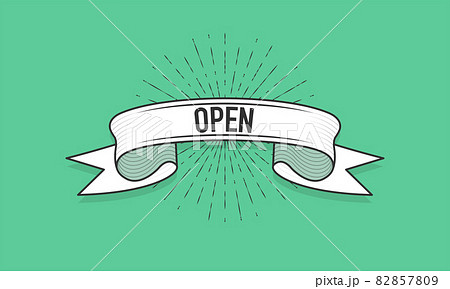 Ribbon with the inscription Open. Old vintage ribbon banner in engraving style and light rays on the green background. Hand drawing. Vector illustration. 82857809
