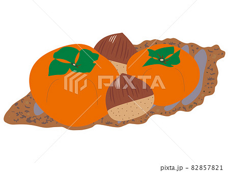 富有柿と栗 大小 栗 葉っぱ型の和皿 枠線なし 背景透過のイラスト素材 8571