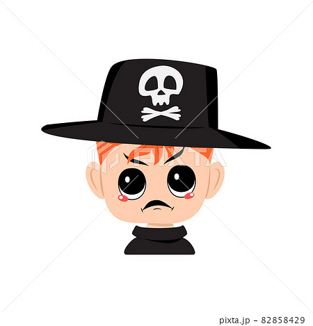 Avatar of boy with red hair, angry emotions, grumpy face, furious eyes in hat with skull. Cute kid with furious expression in carnival costume. Halloween party decoration Avatar of boy with red hair, angry emotions, grumpy face, furious eyes in hat with skull. Cute kid with furious expression in carnival costume. Halloween party decoration 82858429
