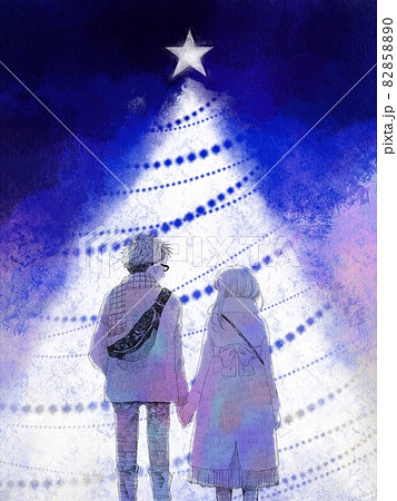 クリスマスツリーと若いカップル 夜ver のイラスト素材 8580