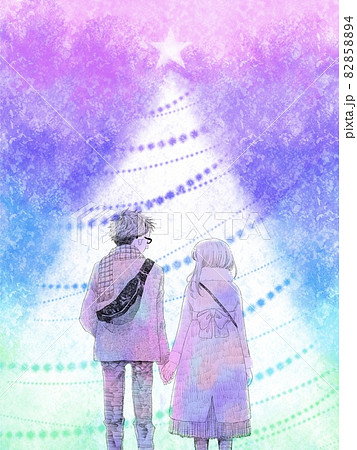 クリスマスツリーと若いカップル ネオンver のイラスト素材 8584