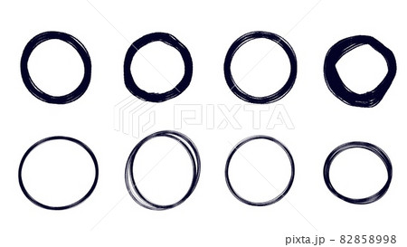 シンプルな白黒の手描きの丸フレーム枠セットのイラスト素材 8598