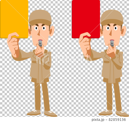 一個穿著米色工作服的男人，拿著一張黃牌和一張紅牌 82859136