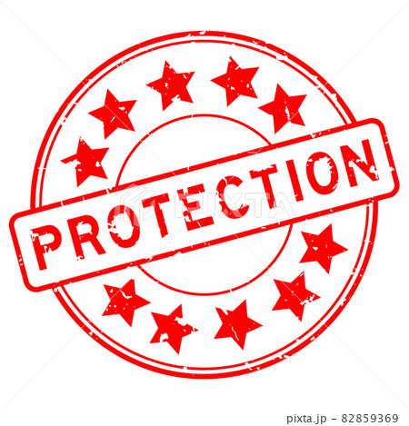 Grunge red protection word with star icon round rubber seal stamp on white background 82859369