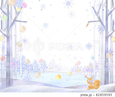 リスがシャボン玉を吹く雪の結晶の降る北欧風おしゃれな冬の景色ベクター白バックフレームイラスト素材のイラスト素材