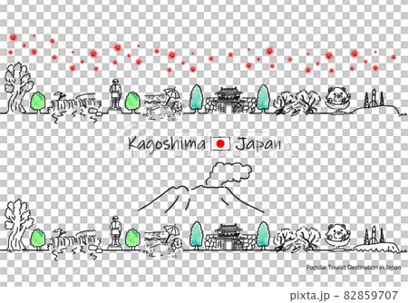 鹿兒島縣旅遊勝地城市景觀與新型冠狀病毒的簡單線條畫集 82859707