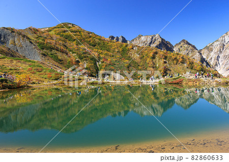 北アルプスの秋　八方尾根　八方池と後立山連峰（天狗尾根、不帰キレット） 82860633