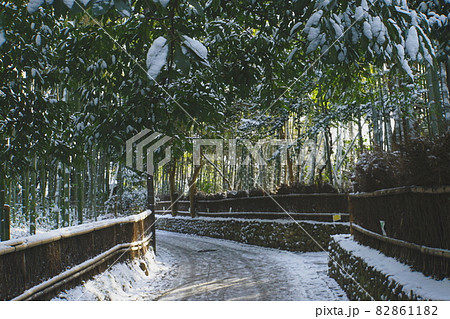 京都嵯峨野の竹林の小径の雪景色 京都嵯峨野の竹林の小径の雪景色 82861182