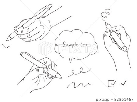 ペンを持つ手の手描きイラストセット モノクロ のイラスト素材