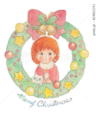 手描きイラスト、クリスマスリースとキャンドルを持つ女の子と猫の