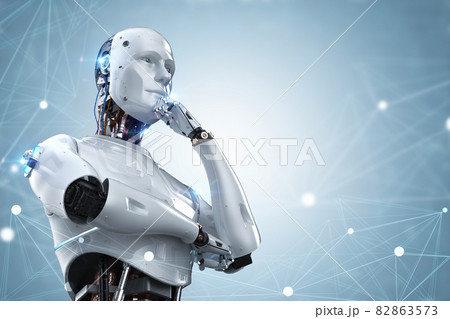 robot thinking or analyzing with graphic display 82863573