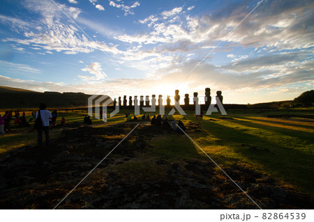 Sunrise over Moai stone sculptures at Ahu Tongariki, Easter island, Chile. Sunrise over Moai stone sculptures at Ahu Tongariki, Easter island, Chile. 82864539